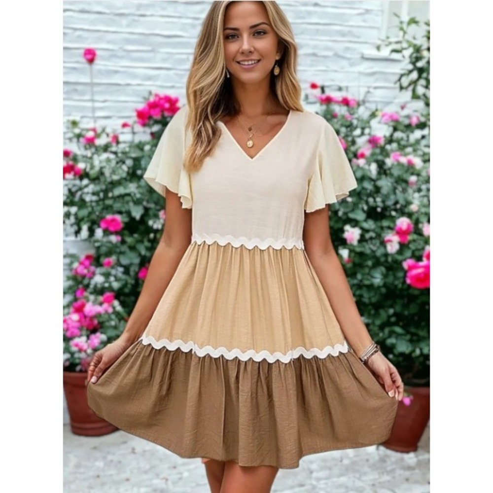 Anna-Kaci Color Block Tiered Mini Dress Short Flutter Sleeve V Neck Women